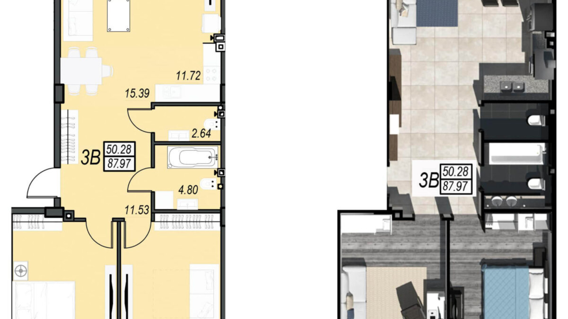 Планування вільне планування квартири в ЖК Sunrise City 87.97 м², фото 236338