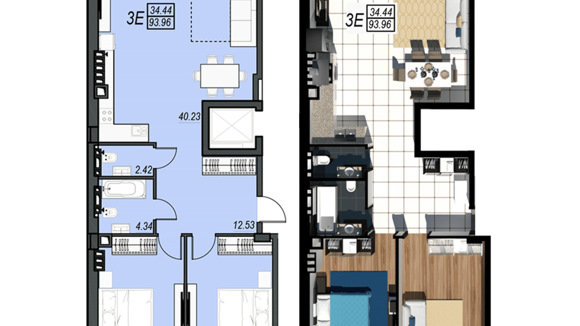 Планування 3-кімнатної квартири в ЖК Sunrise City 93.96 м², фото 236340