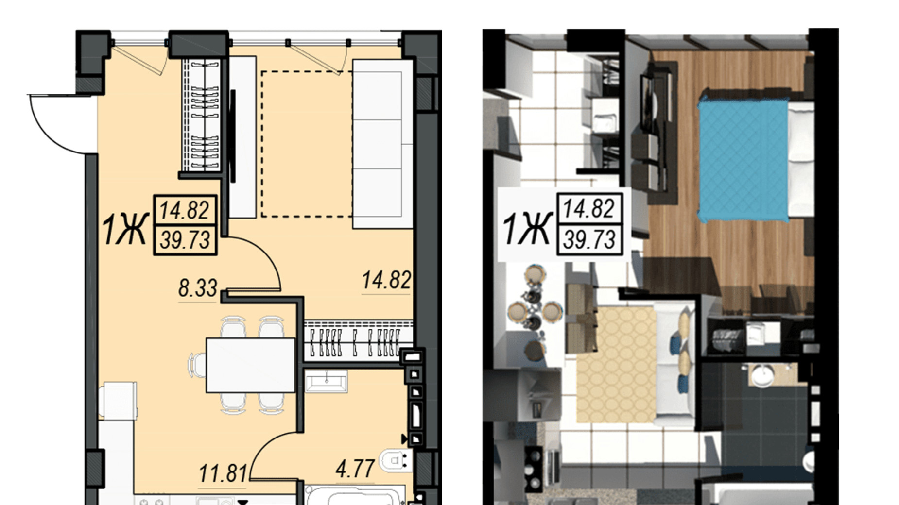 Планування 1-кімнатної квартири в ЖК Sunrise City 39.73 м², фото 236347