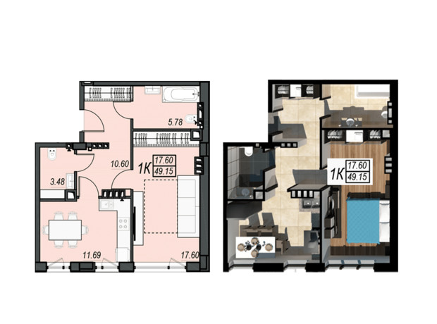 ЖК Sunrise City: планування 1-кімнатної квартири 49.15 м²