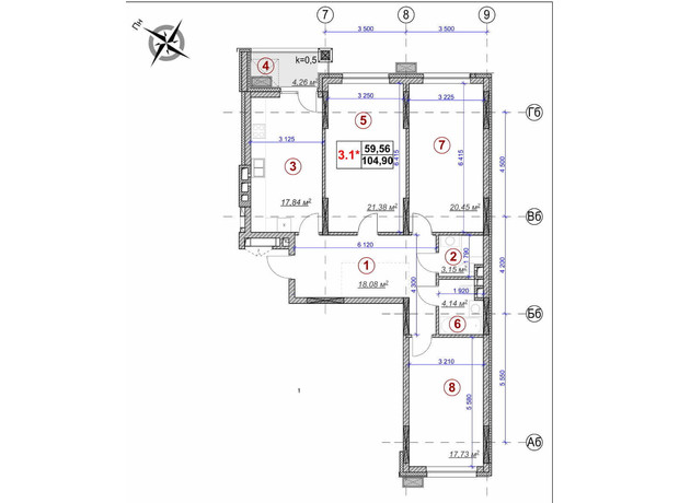 ЖК Ярославов Град: планировка 3-комнатной квартиры 104.9 м²