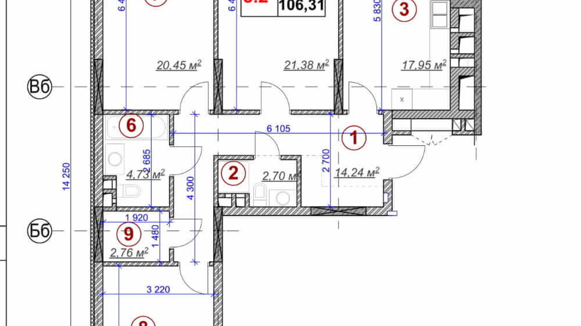 Планировка 3-комнатной квартиры в ЖК Ярославов Град 106.31 м², фото 236364