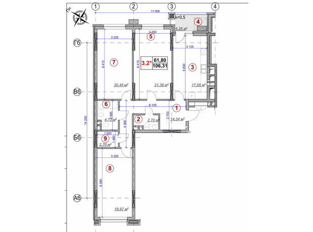 ЖК Ярославів Град: планування 3-кімнатної квартири 106.31 м²