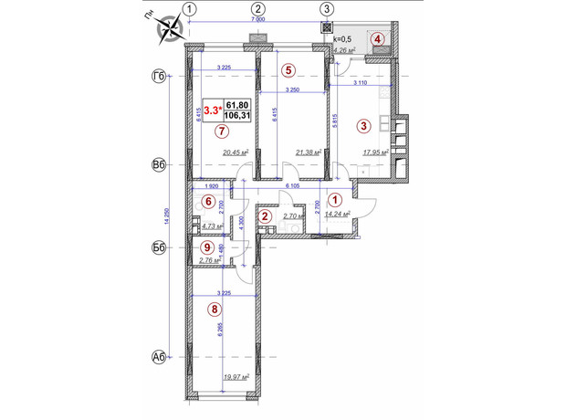 ЖК Ярославов Град: планировка 3-комнатной квартиры 104.9 м²