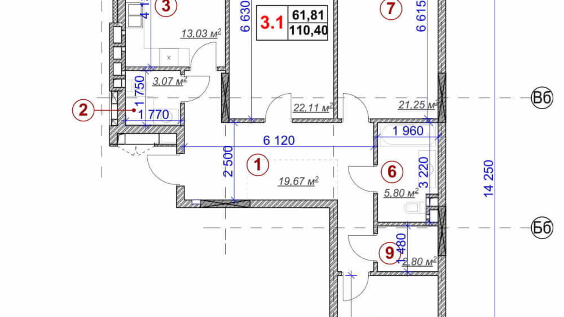 Планировка 3-комнатной квартиры в ЖК Ярославов Град 110.4 м², фото 236373