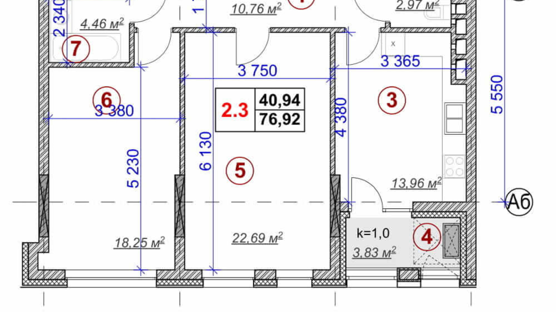 Планировка 2-комнатной квартиры в ЖК Ярославов Град 76.92 м², фото 236374