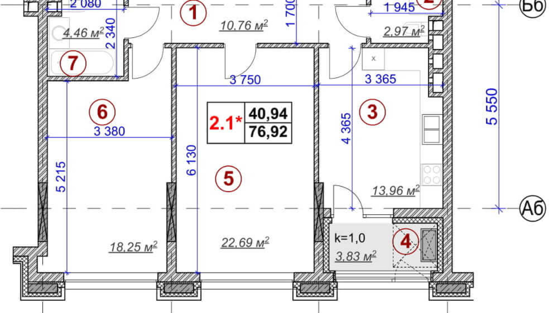 Планировка 2-комнатной квартиры в ЖК Ярославов Град 76.92 м², фото 236377