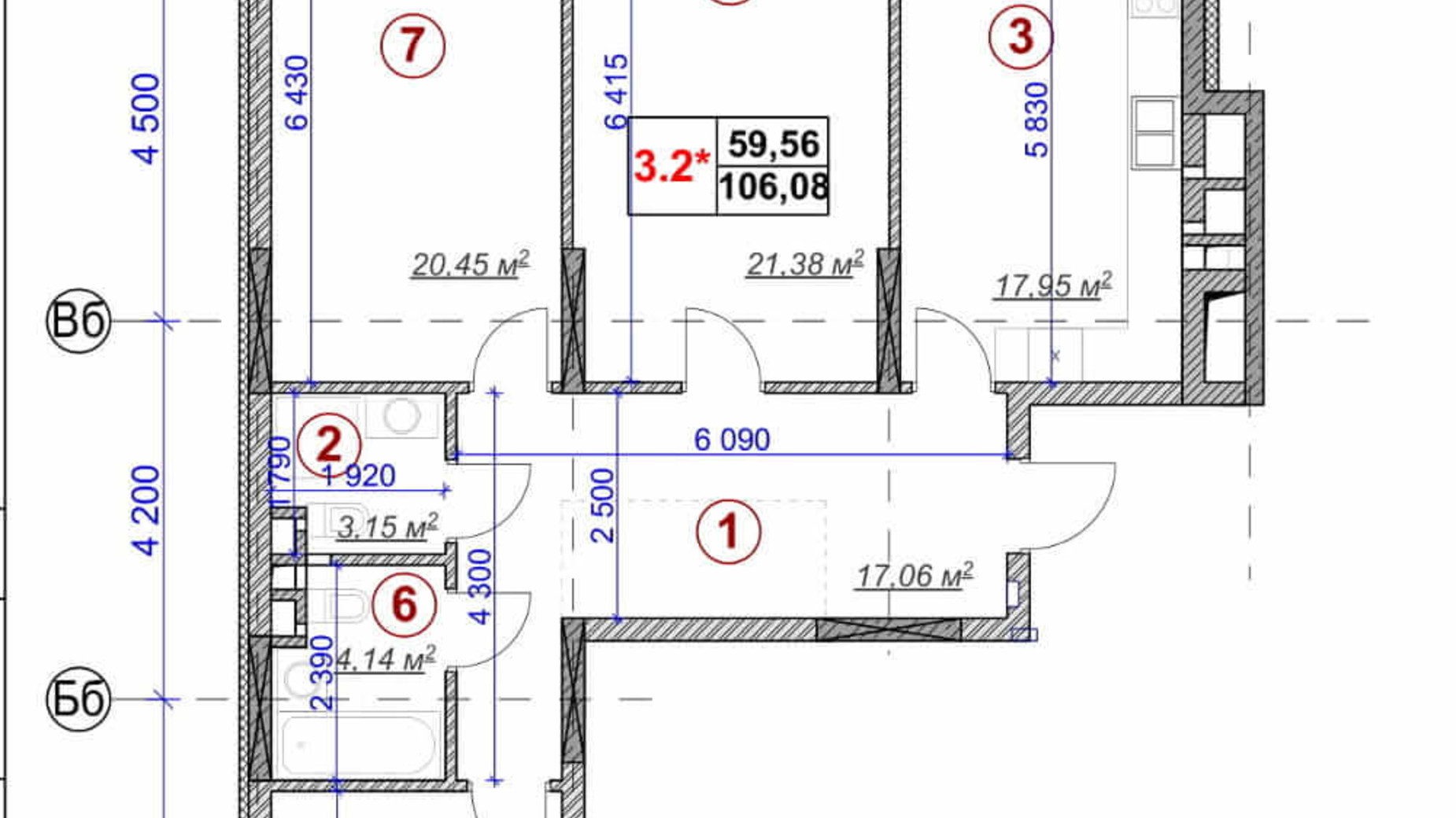 Планировка 3-комнатной квартиры в ЖК Ярославов Град 106.08 м², фото 236379