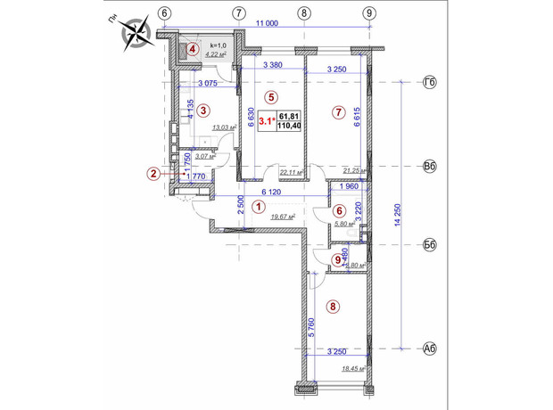 ЖК Ярославів Град: планування 3-кімнатної квартири 110.4 м²