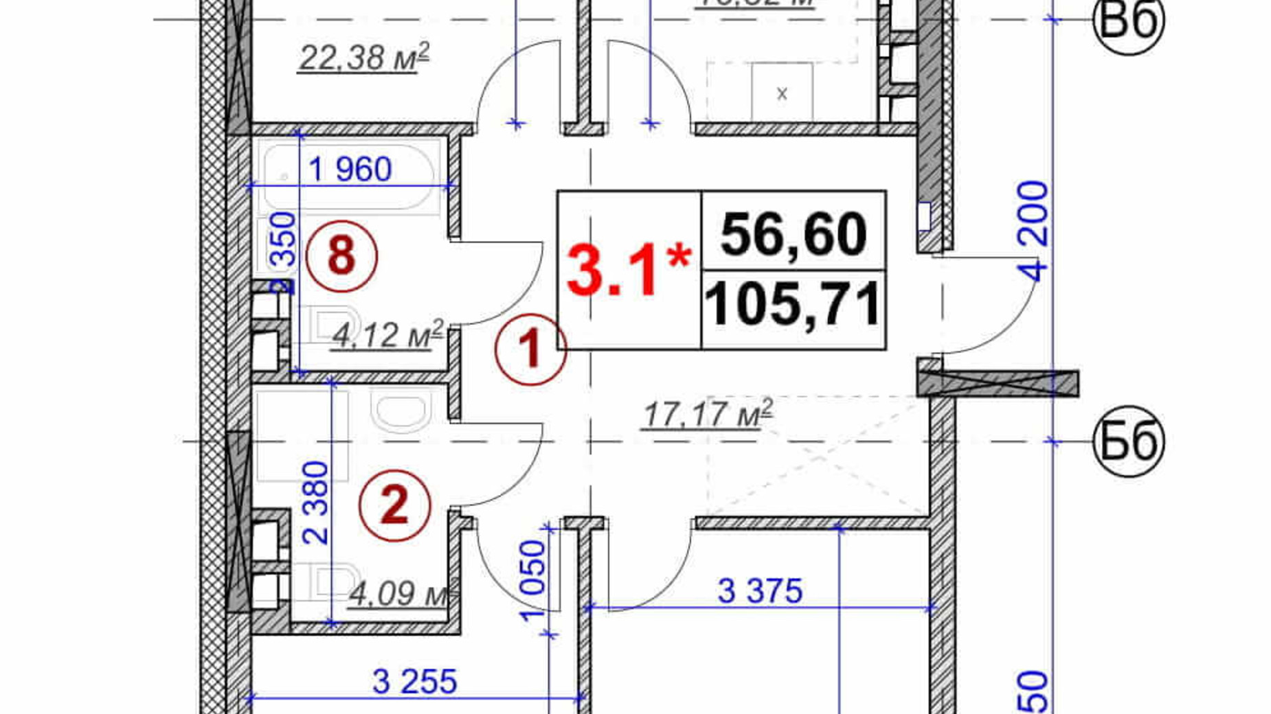 Планировка 3-комнатной квартиры в ЖК Ярославов Град 105.71 м², фото 236385