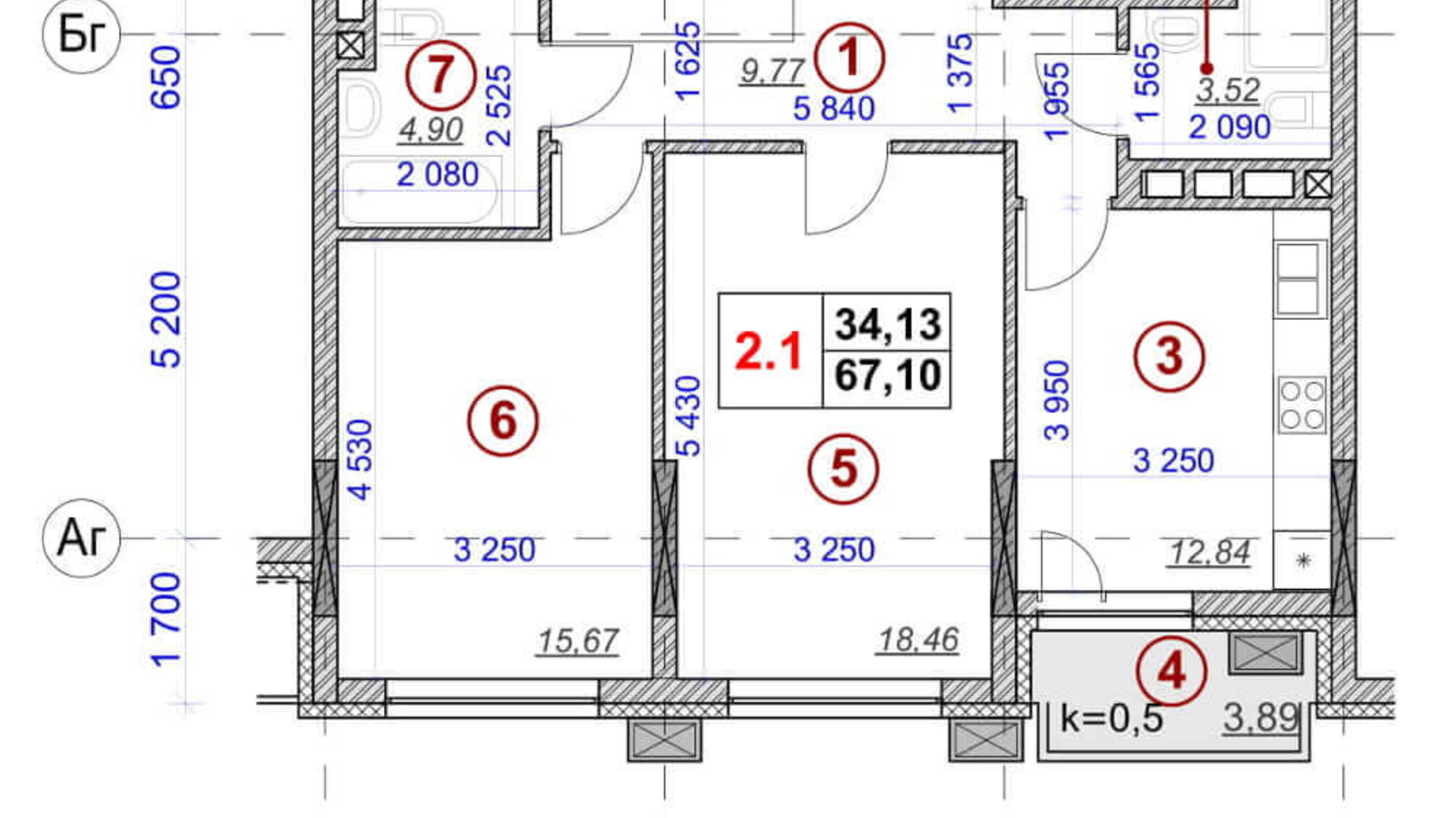 Планировка 2-комнатной квартиры в ЖК Ярославов Град 67.1 м², фото 236390