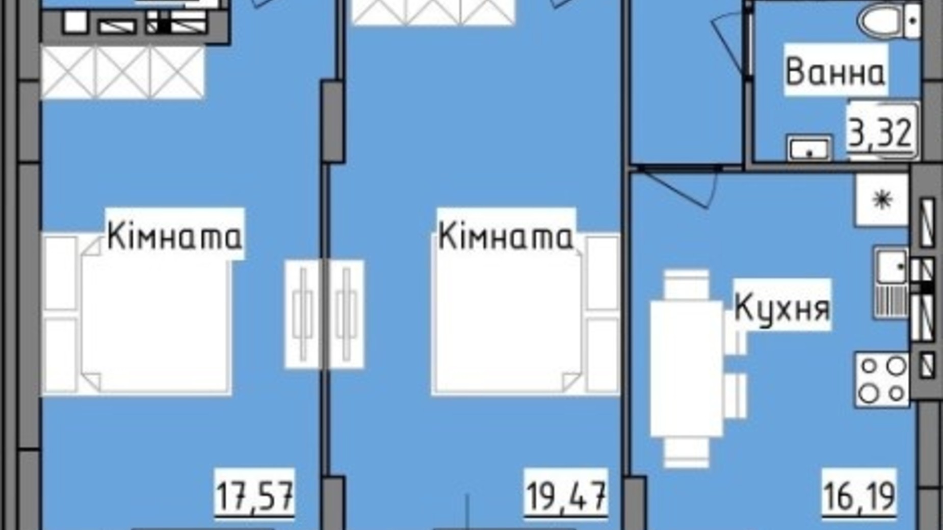 Планировка 2-комнатной квартиры в ЖК R2 residence 74.44 м², фото 236419