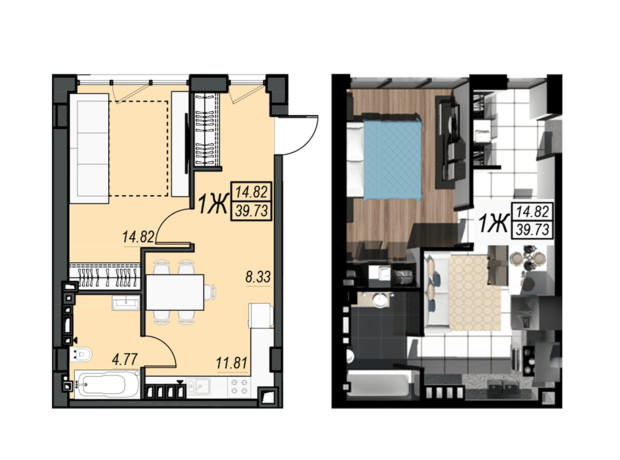 ЖК Sunrise City: планування 1-кімнатної квартири 39.73 м²