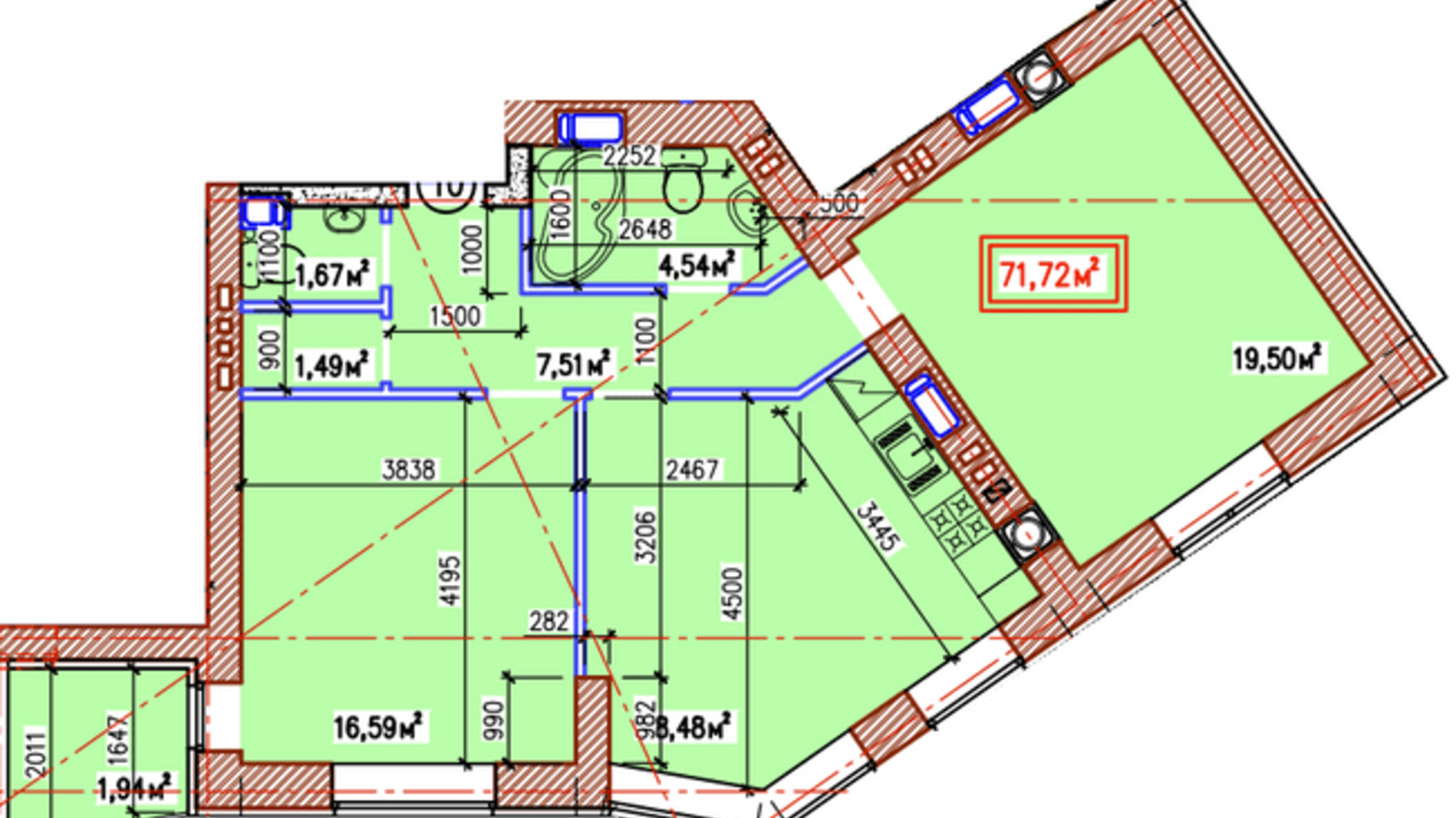 Планування 2-кімнатної квартири в ЖК У-Квартал 71.72 м², фото 236925