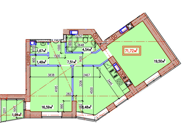 ЖК У-Квартал: планування 2-кімнатної квартири 71.72 м²