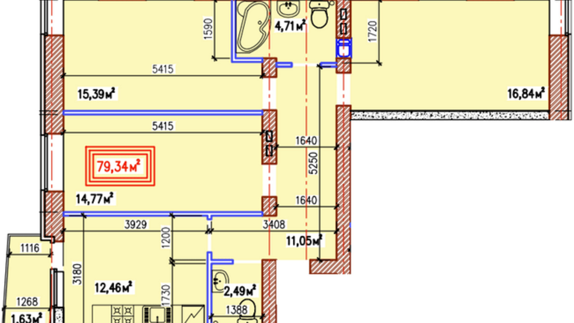 Планировка 3-комнатной квартиры в ЖК У-Квартал 79.34 м², фото 236926