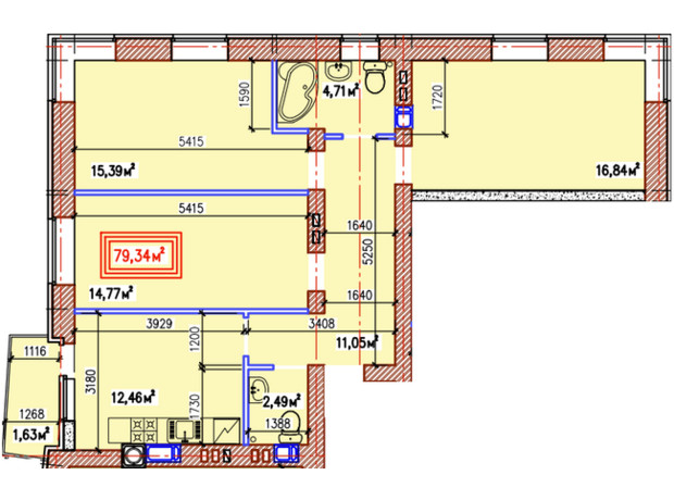 ЖК У-Квартал: планировка 3-комнатной квартиры 79.34 м²