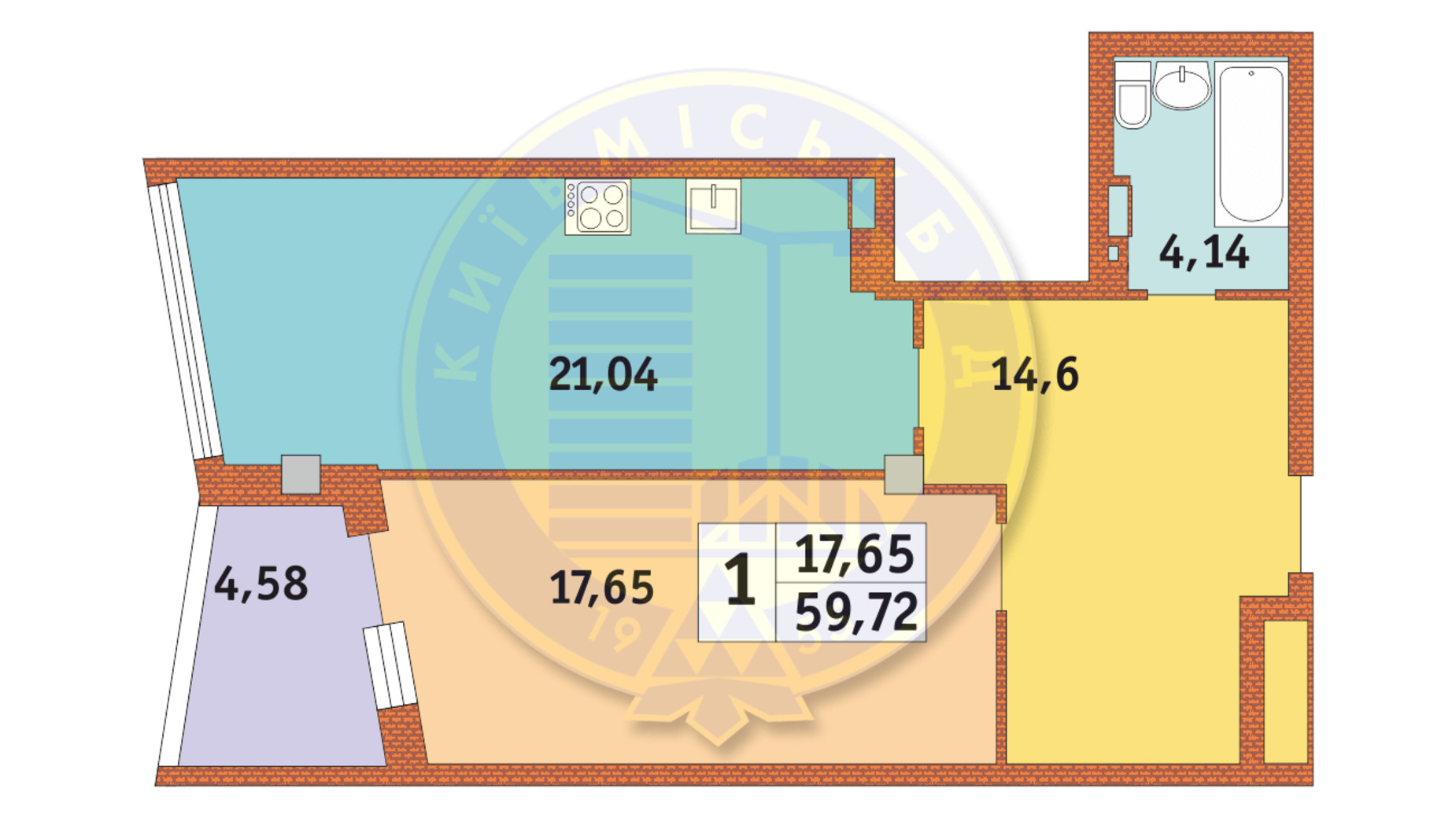 Планировка 1-комнатной квартиры в ЖК Costa Fontana 59.72 м², фото 237269