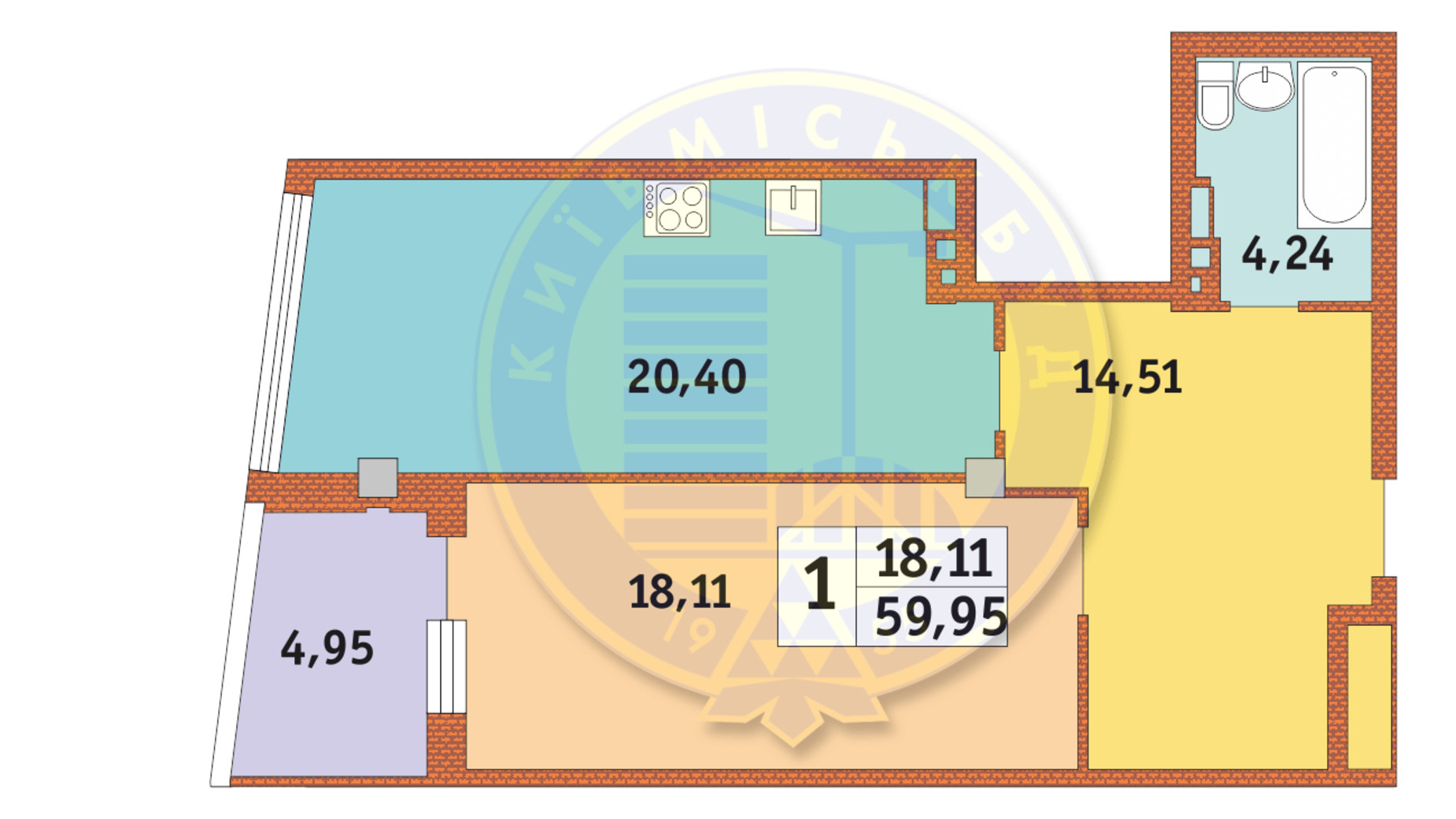 Планировка 1-комнатной квартиры в ЖК Costa Fontana 59.95 м², фото 237270