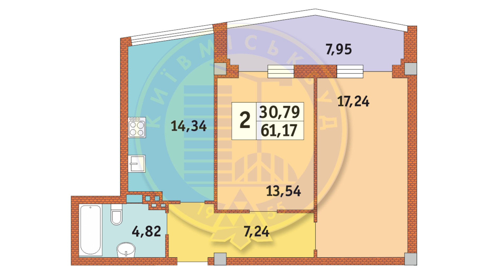 Планування 2-кімнатної квартири в ЖК Costa Fontana 61.17 м², фото 237271
