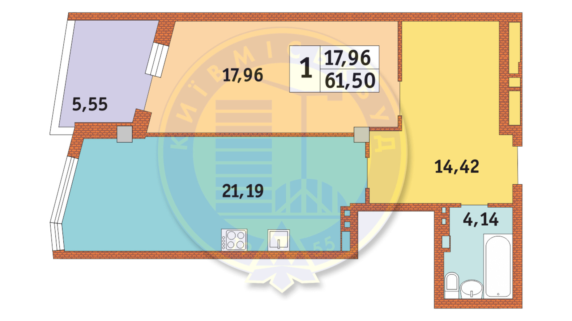 Планировка 1-комнатной квартиры в ЖК Costa Fontana 61.5 м², фото 237272