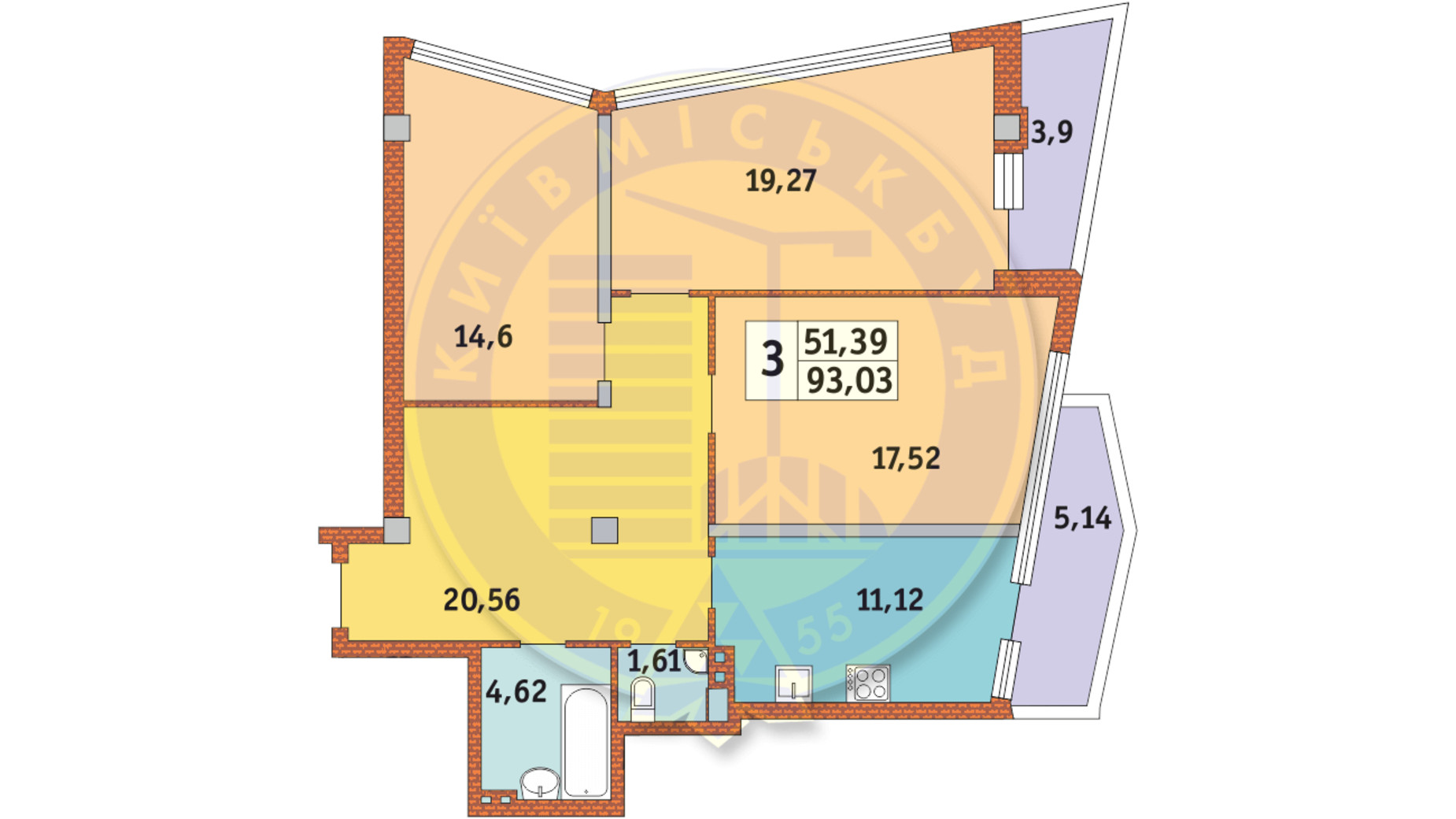 Планування 3-кімнатної квартири в ЖК Costa Fontana 93.03 м², фото 237273