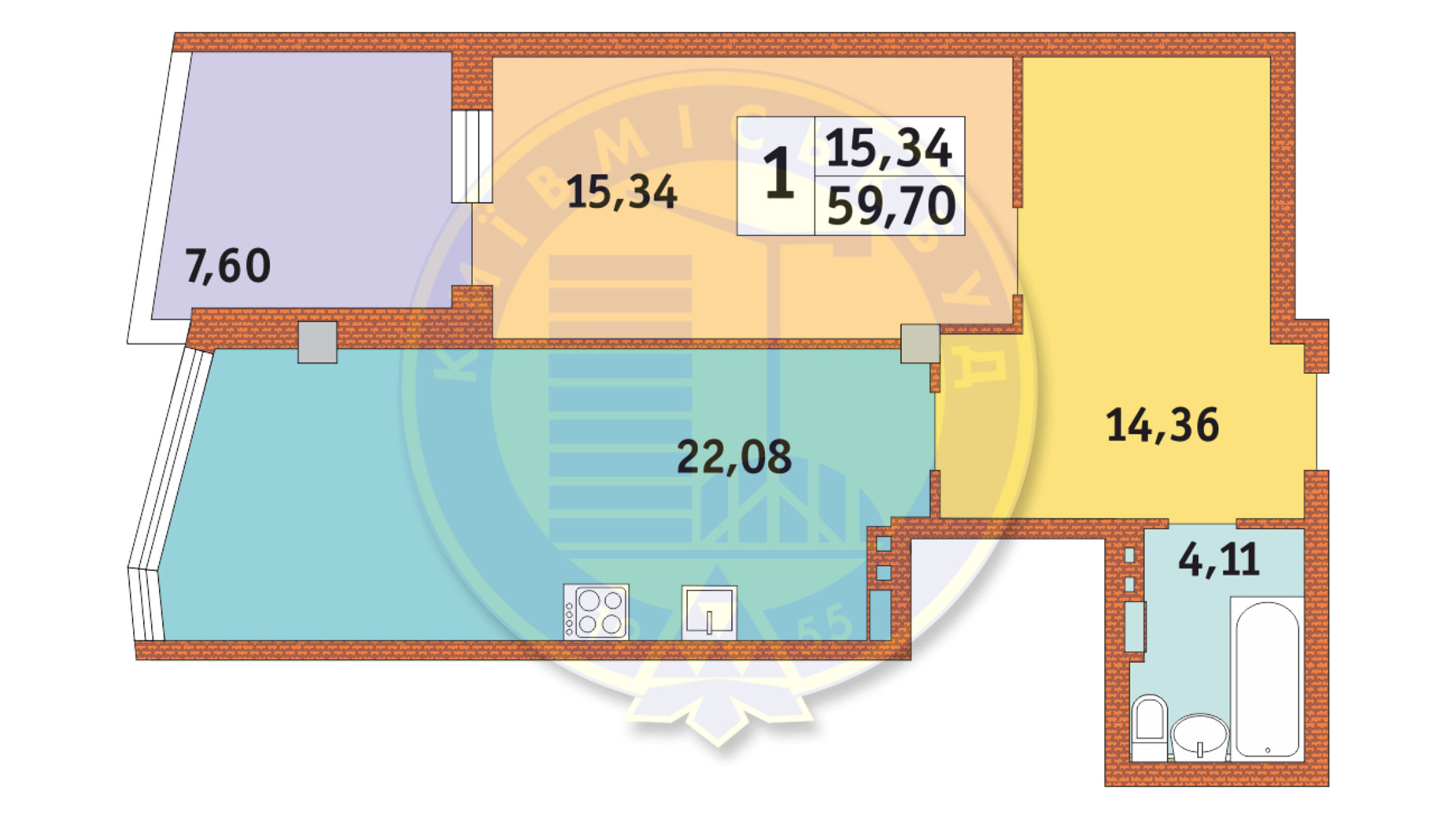 Планировка 1-комнатной квартиры в ЖК Costa Fontana 59.7 м², фото 237275