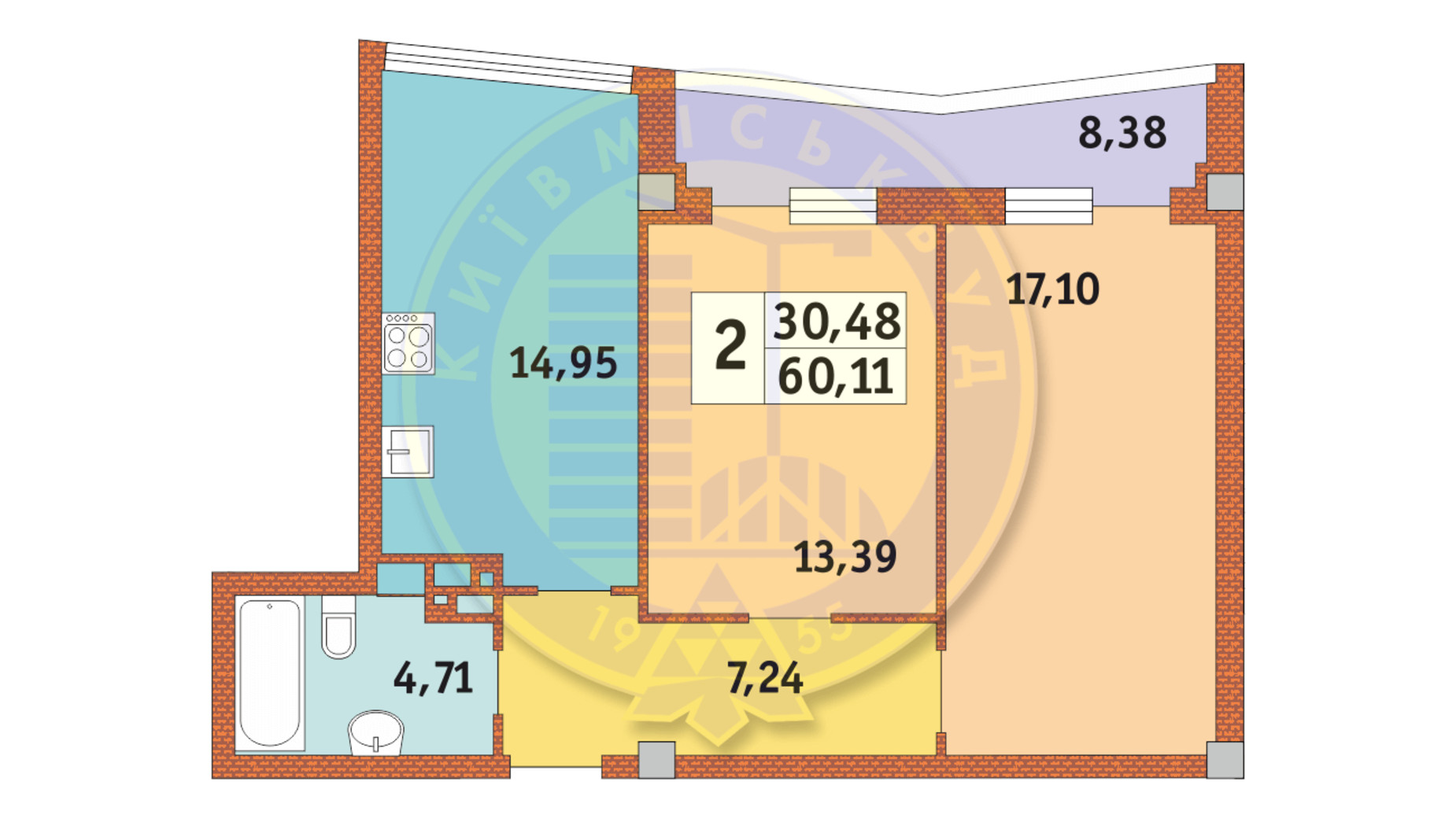 Планировка 2-комнатной квартиры в ЖК Costa Fontana 60.11 м², фото 237276