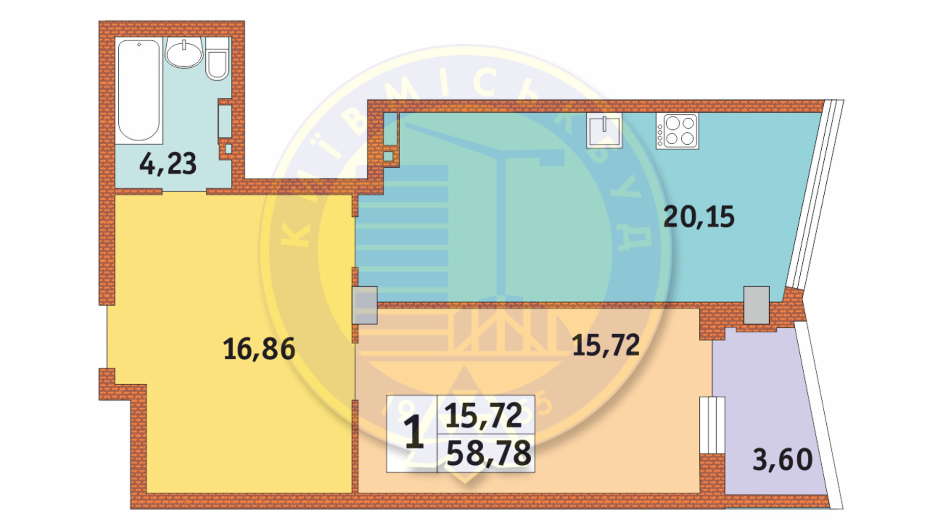 Планировка 1-комнатной квартиры в ЖК Costa Fontana 58.78 м², фото 237279