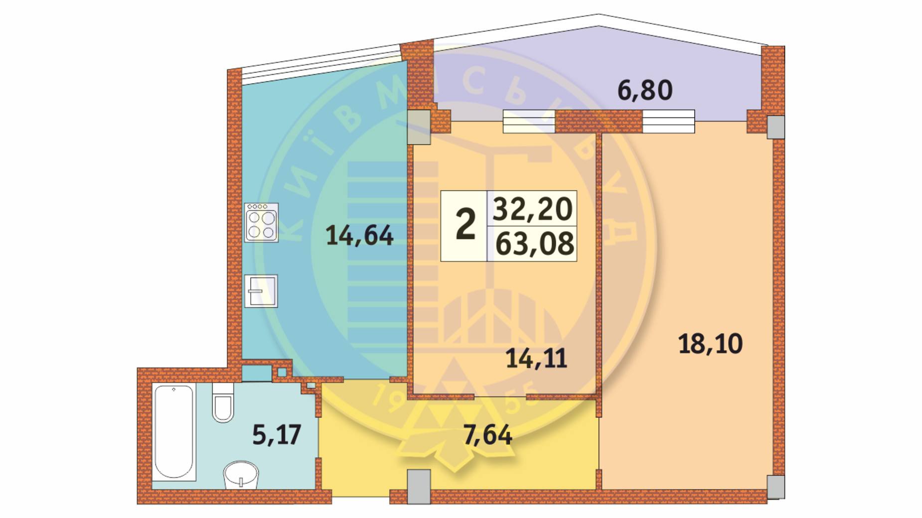 Планировка 2-комнатной квартиры в ЖК Costa Fontana 63.08 м², фото 237280