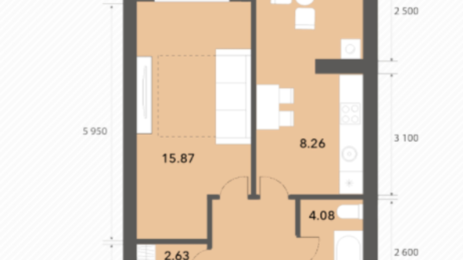 Планування 1-кімнатної квартири в ЖК Софіївські Липки 43.04 м², фото 237338