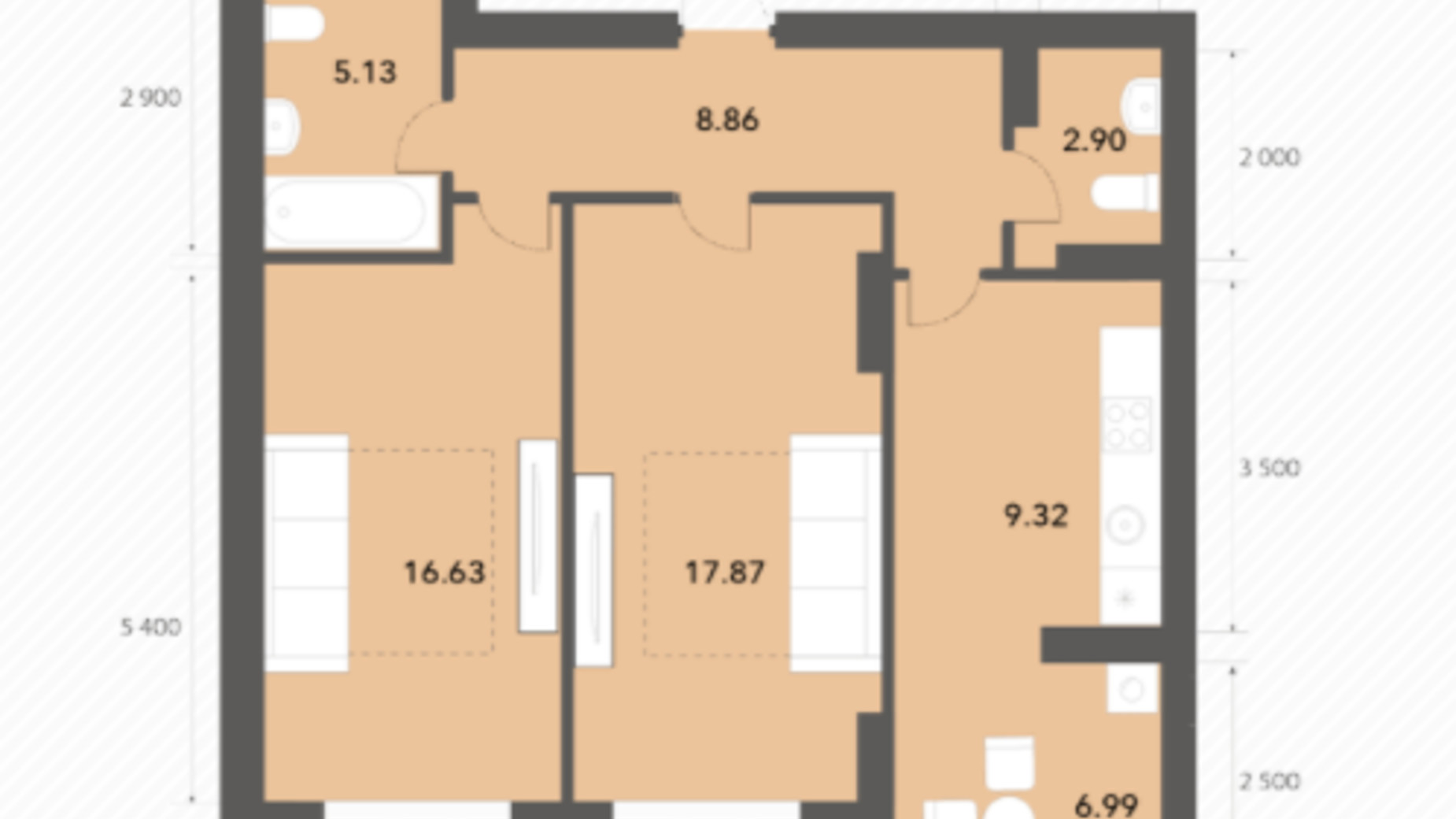 Планування 2-кімнатної квартири в ЖК Софіївські Липки 67.7 м², фото 237342