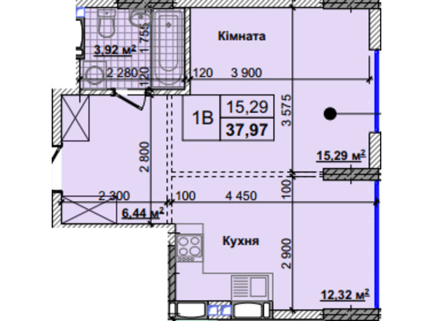 ЖК Новые Теремки: планировка 1-комнатной квартиры 37.97 м²