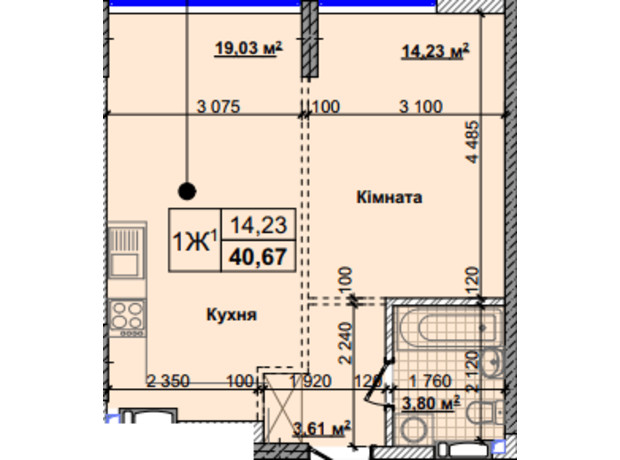 ЖК Новые Теремки: планировка 1-комнатной квартиры 40.67 м²