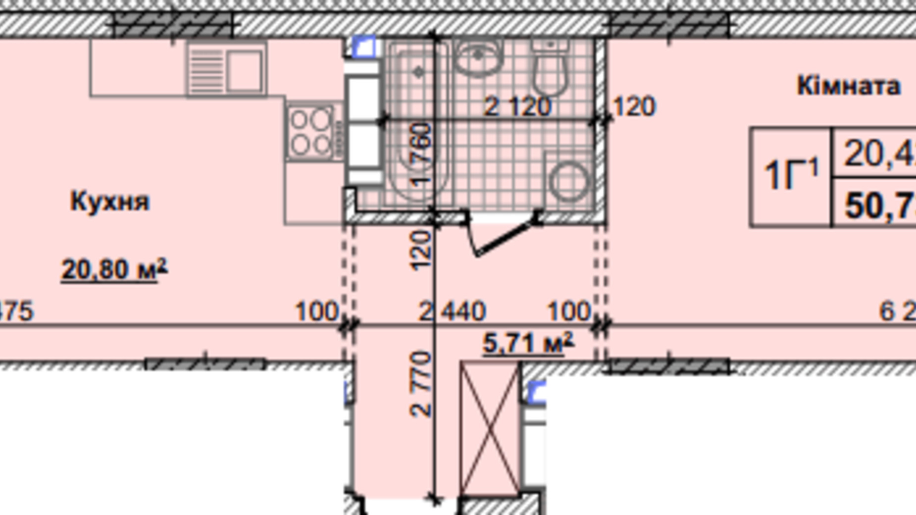 Планування 1-кімнатної квартири в ЖК Нові Теремки 50.73 м², фото 237401