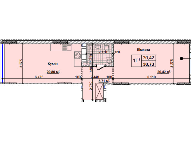 ЖК Нові Теремки: планування 1-кімнатної квартири 50.73 м²