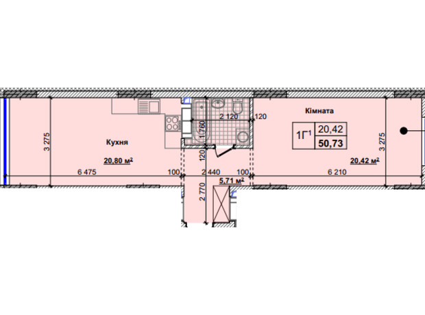 ЖК Новые Теремки: планировка 1-комнатной квартиры 50.73 м²