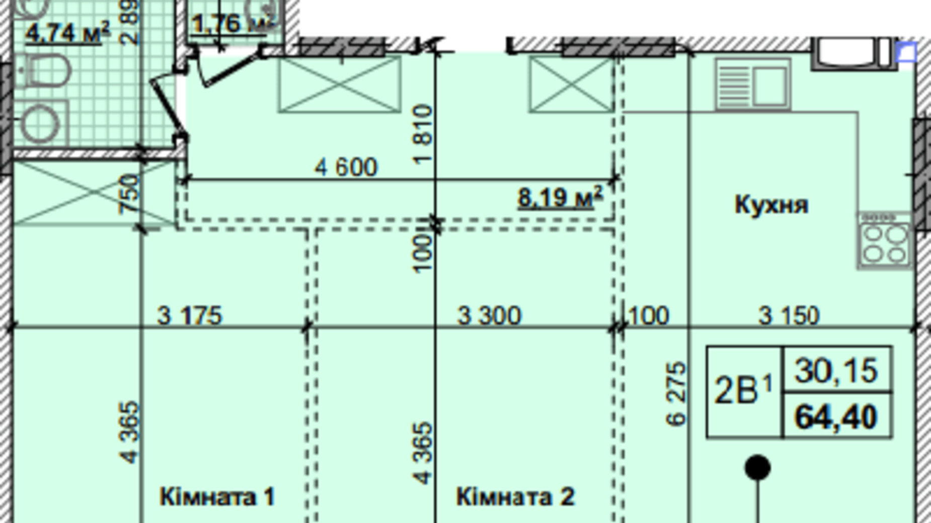 Планировка 2-комнатной квартиры в ЖК Новые Теремки 64.4 м², фото 237403