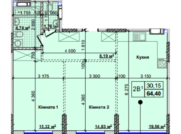 ЖК Нові Теремки: планування 2-кімнатної квартири 64.4 м²