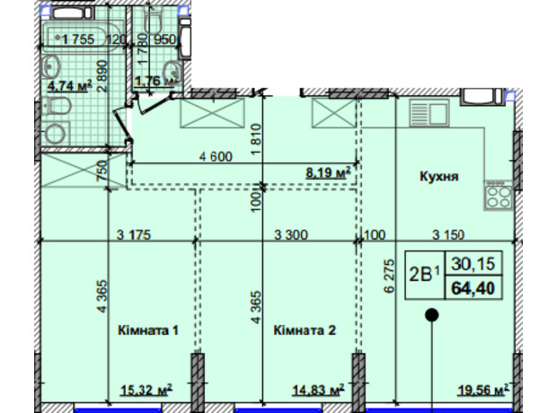 ЖК Новые Теремки: планировка 2-комнатной квартиры 64.4 м²