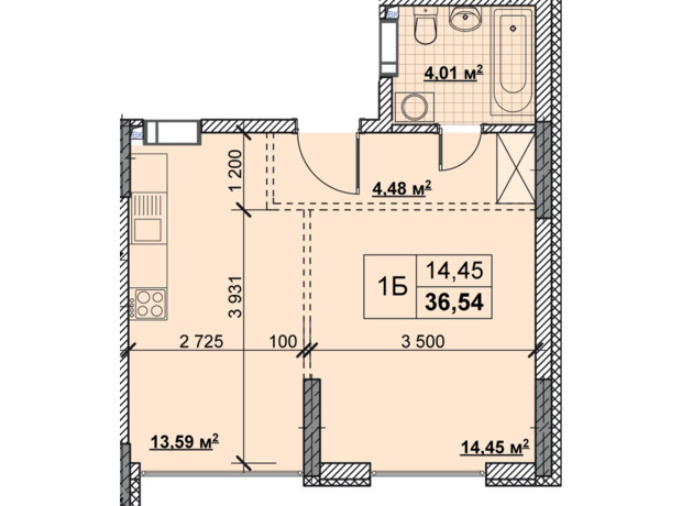 ЖК Нові Теремки: планування 1-кімнатної квартири 36.54 м²