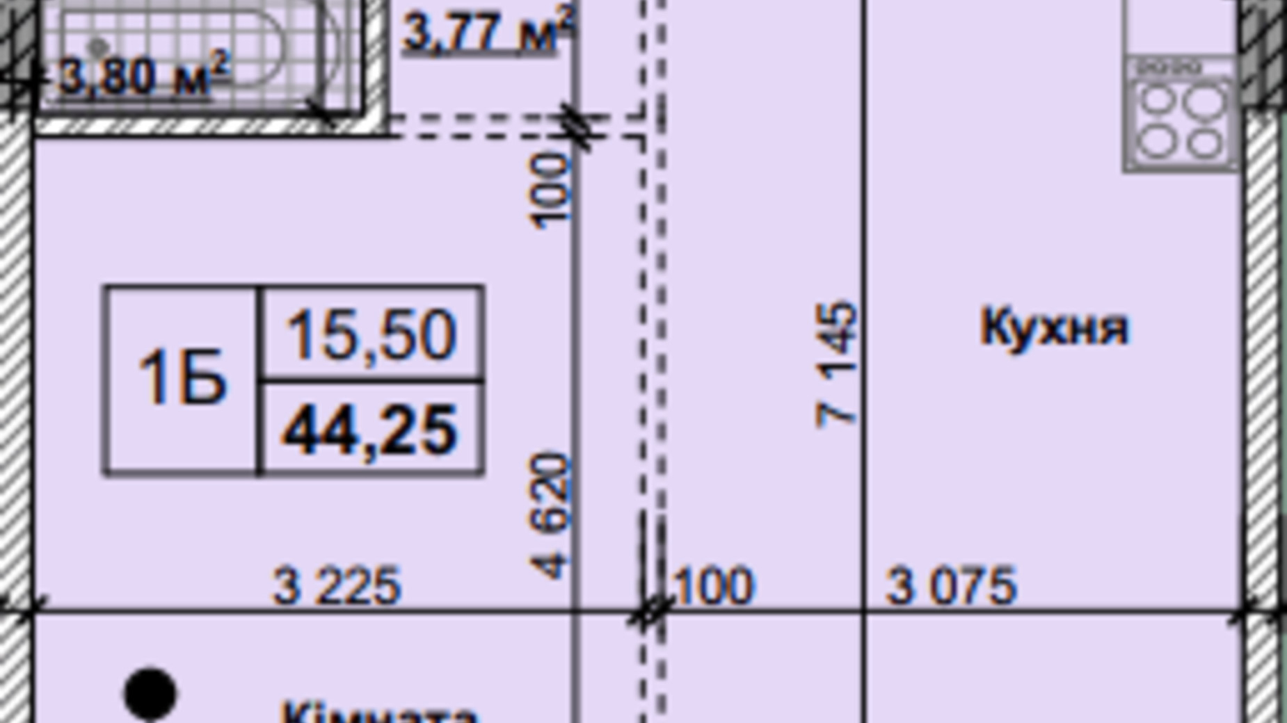 Планування 1-кімнатної квартири в ЖК Нові Теремки 44.25 м², фото 237405