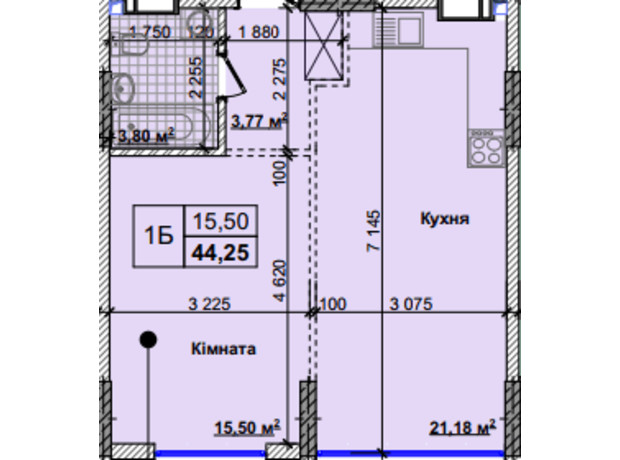 ЖК Новые Теремки: планировка 1-комнатной квартиры 44.25 м²