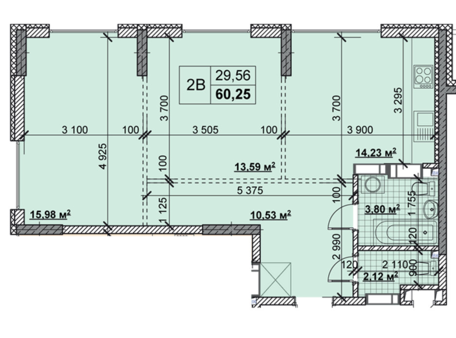 Планировка 2-комнатной квартиры в ЖК Новые Теремки 60.25 м², фото 237406 Планировка 2-комнатной квартиры в ЖК Новые Теремки 60.25 м², фото 237406