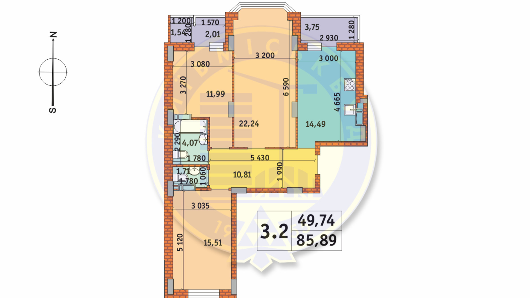 Планировка 3-комнатной квартиры в ЖК Чаривне Мисто 85.89 м², фото 237785