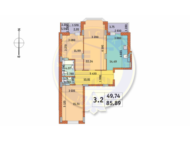 ЖК Чаривне Мисто: планировка 3-комнатной квартиры 85.89 м²