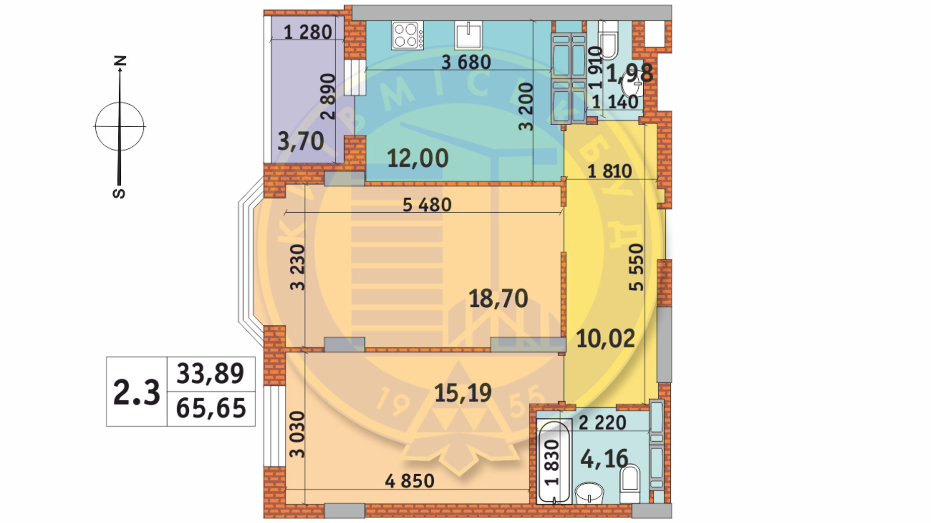 Планировка 2-комнатной квартиры в ЖК Чаривне Мисто 65.65 м², фото 237789