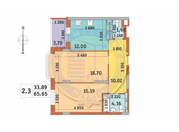 ЖК Чаривне Мисто: планировка 2-комнатной квартиры 65.65 м²