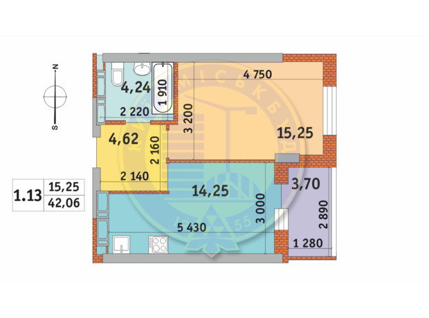 ЖК Чаривне Мисто: планировка 1-комнатной квартиры 42.06 м²