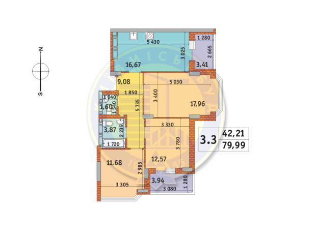 ЖК Чаривне Мисто: планировка 3-комнатной квартиры 79.99 м²
